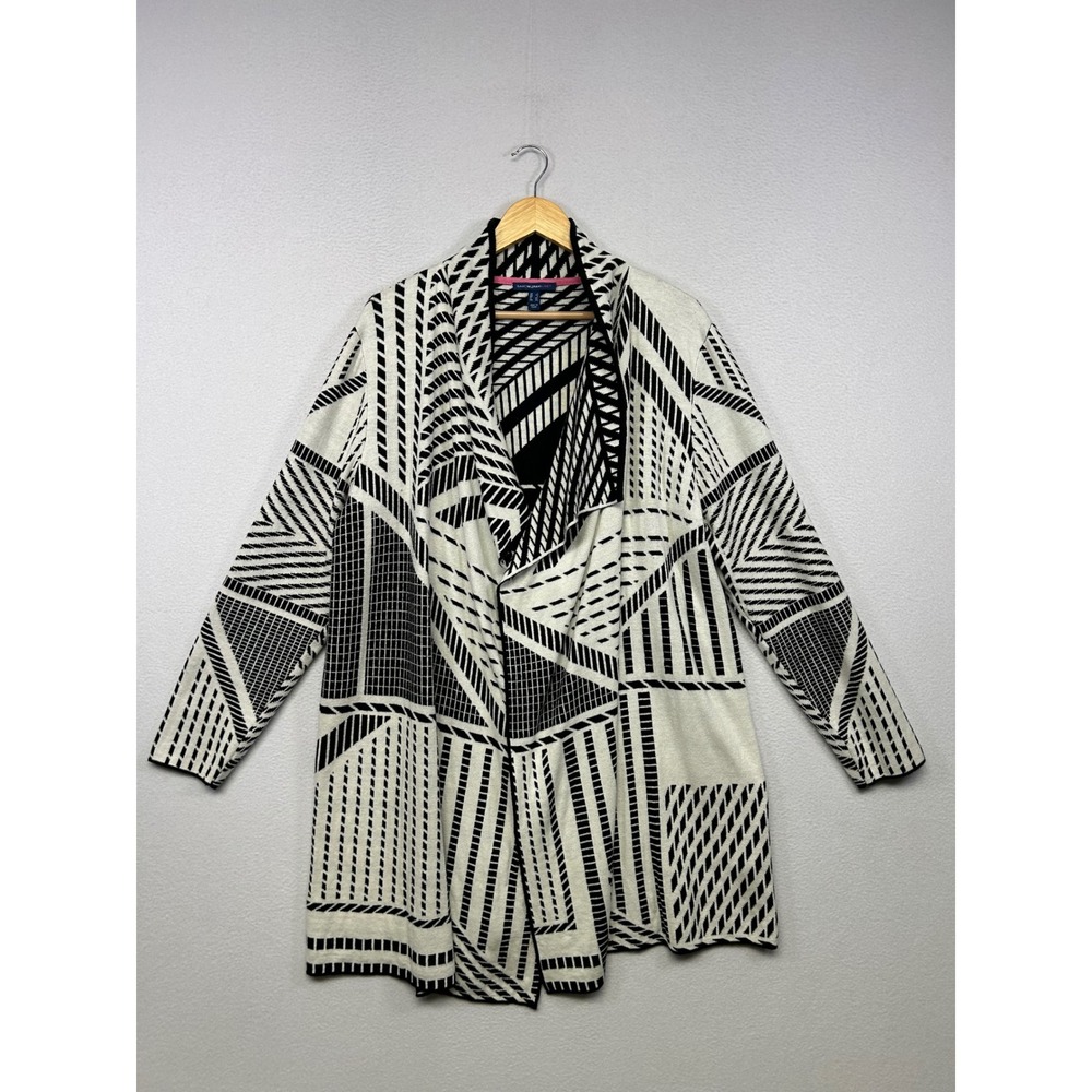 Geometric Abstract Isaac Mizrahi Live! Womens L Black White Draped Cardigan